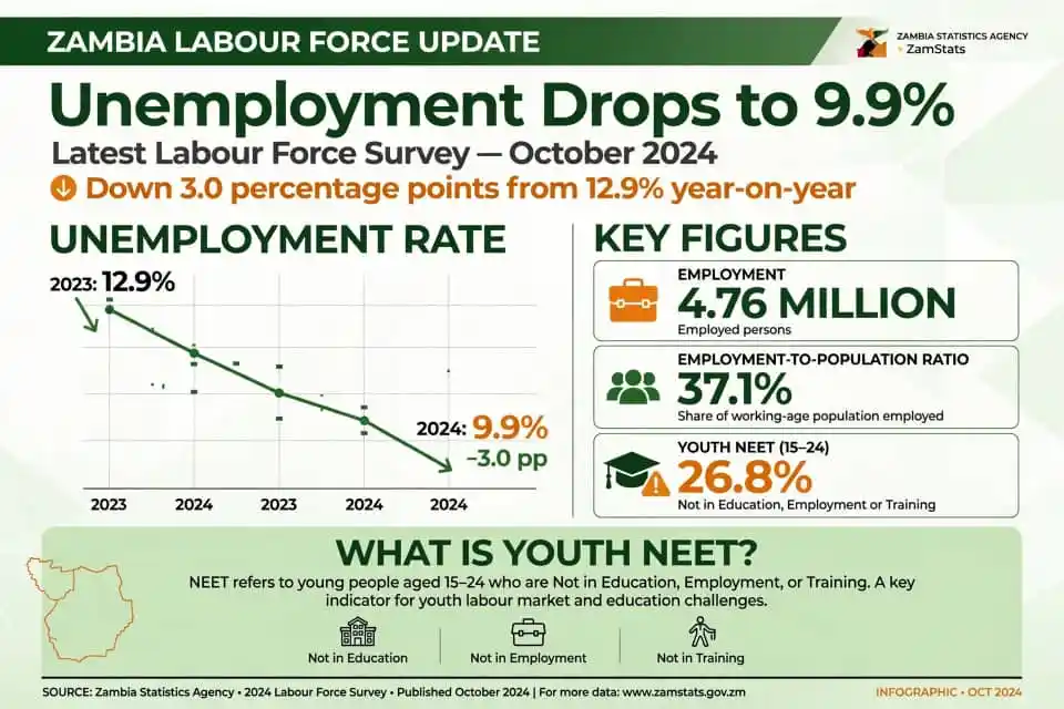 ZAMBIA’S UNEMPLOYMENT RATE DROPS TO 9.9%, 4.76 MILLION SECURE EMPLOYMENT