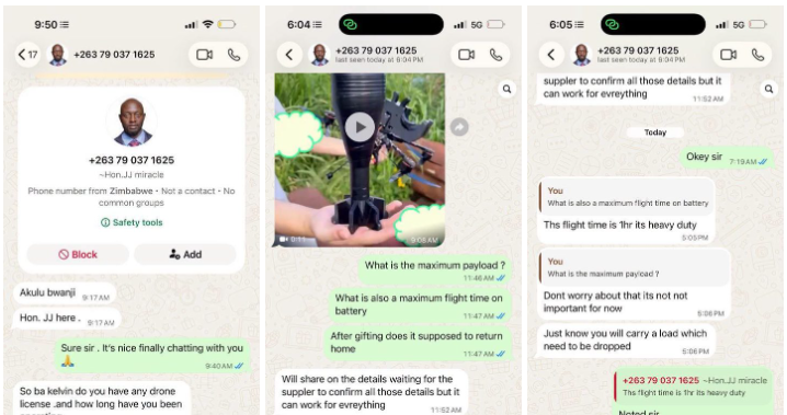 WHATSAP CHATS: J J BANDA wanted to drop a drone at president Hichilema’s residence Community House and the drone operator was promised $3 Million USD once the job was done