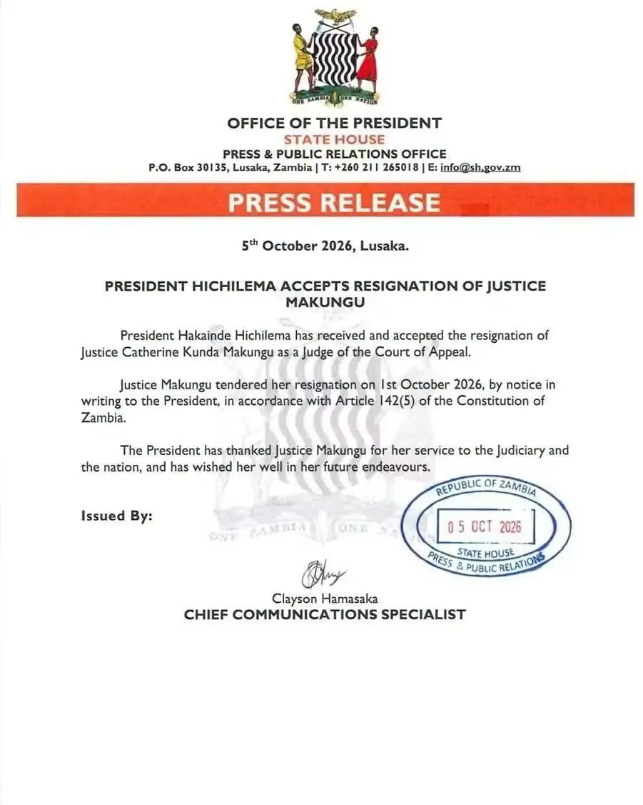 President Hichilema Accepts Resignation of Court of Appeal Judge Catherine Makungu